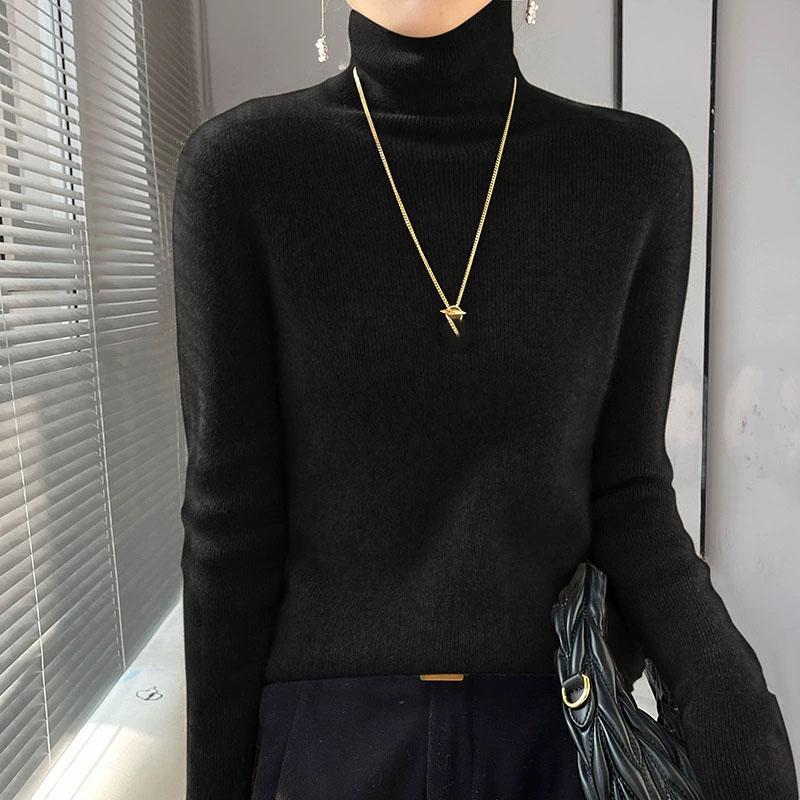 Womens Turtleneck Knitted Sweater Long Sleeved Slim Fit Elastic Ribbed Jumper Female Autumn Winter Basic Sweaters and Pullover