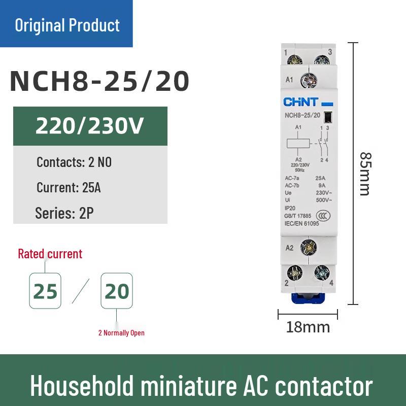 Chint Single-Phase AC Contactor NCH8-20/20, 20A, 240V, 2P, DIN Rail Mount