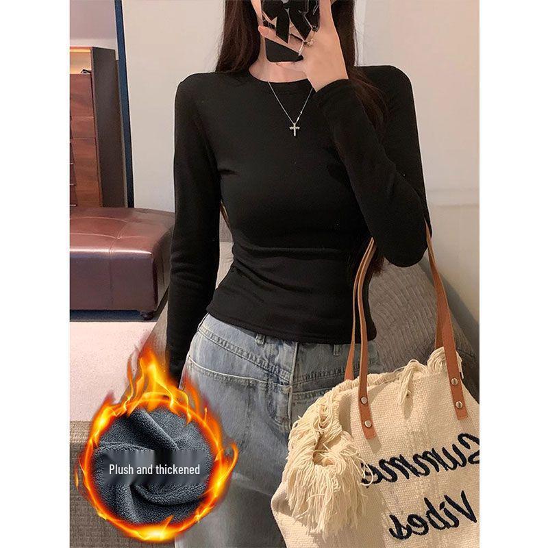 

Women s White Fleece-Lined Straight Shoulder Long Sleeve Spicy Slimming T-Shirt for All Seasons Large кавовий