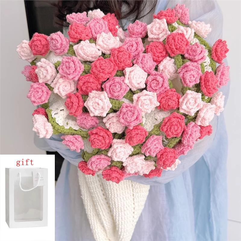 1 יחידה זר שמיכה ורדים עם שקית מתנה שמיכה סרוגה בעבודת יד של ורדים מתנת יום הולדת ליום האהבה לחברה