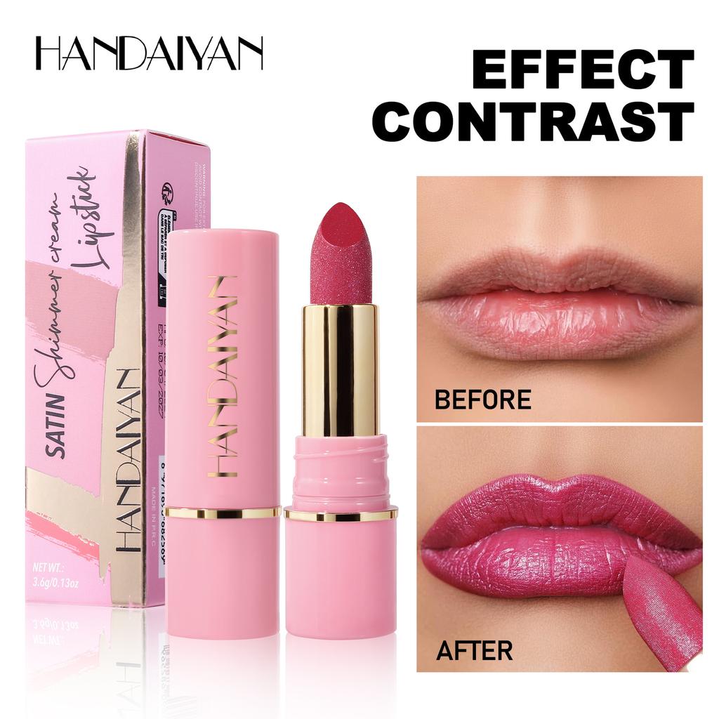 HANDAIYAN Satin Shimmer Cream Lipstick, Diamond Glitter Pearl Lipstick, Moisturizing Long-Lasting Waterproof Shimmery Lip Makeup for Women