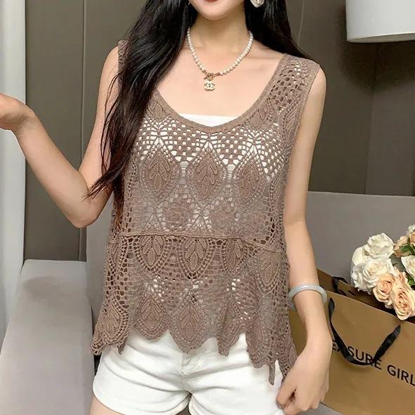 Chaleco de ganchillo de punto hueco para el verano de mujer con nuevo top de tirantes suelto bohemio sin mangas