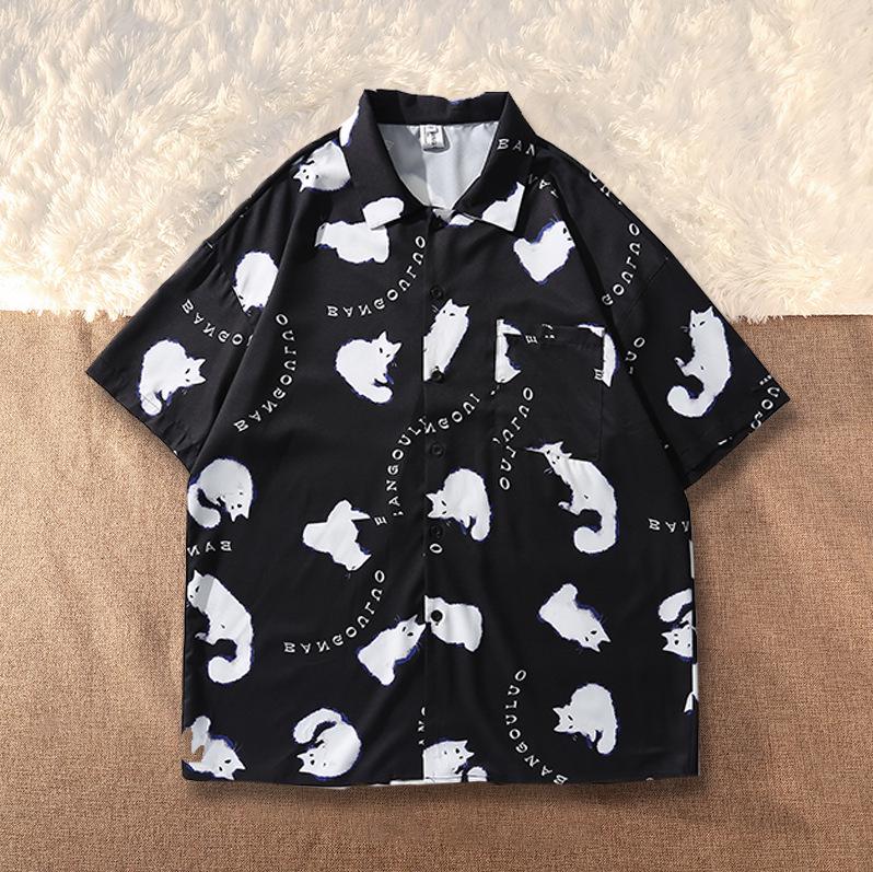 Men's Hip Hop Retro Cat Print Short Sleeve Shirt
