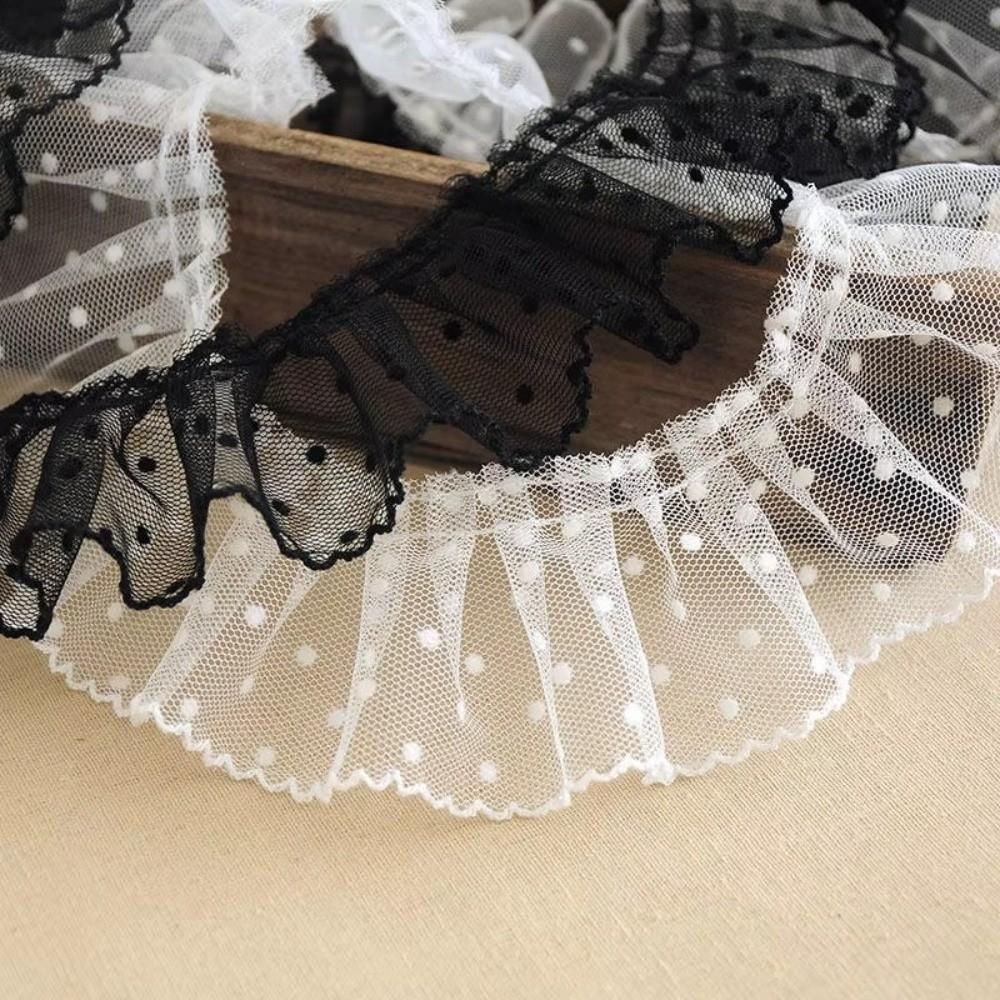 Black/White Pleated Lace Trim Vintage Polka Dot Mesh Ribbon Retro Mesh Lace Trim  Cuffs