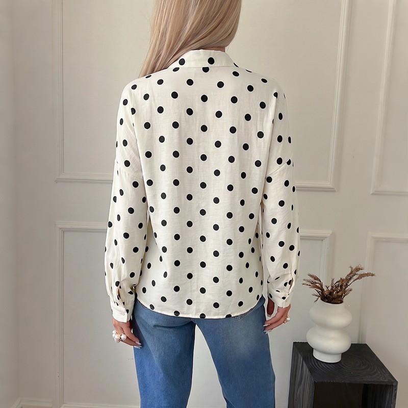 Womens Loose Fit Long Sleeve Blouse With Polka Dot Print Stand Collar Office Casual Shirt 2026