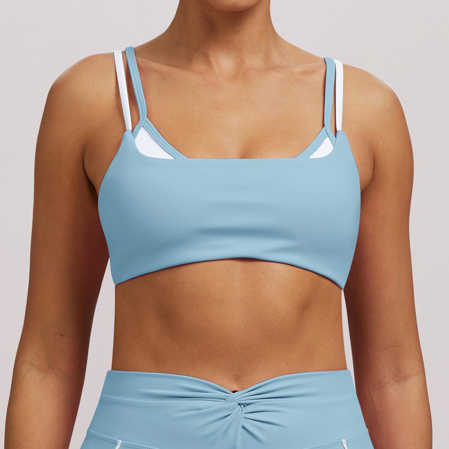 

Color-Block Cross-Back Yoga Bra with Chest Pads – Double Shoulder Straps, Thin Straps, and Beautiful Back Design Women s Sports Underwear Large