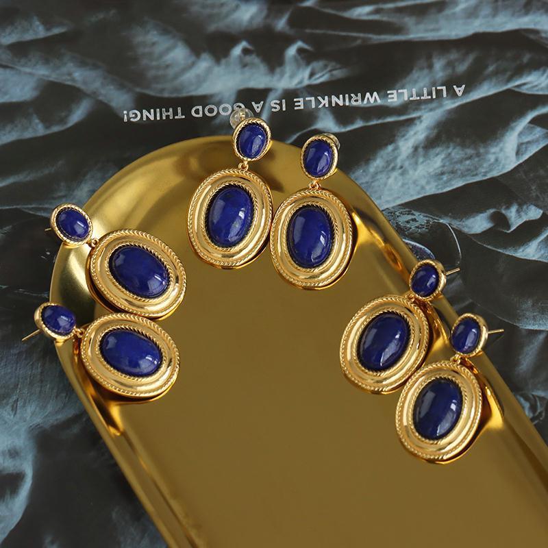 New Design Inlaid Lapis Lazuli Oval Hollow Earrings Exaggerated Punk Style Retro Ancient Gold Craftsmanship Women's Jewelry