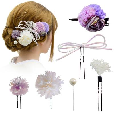 FASELE Hair Accessories Set of 6: Artificial Flowers, Hairpins, U-pins, Ping Pong Chrysanthemums, Baby's Breath, Bow Knots, for Coming-of-Age