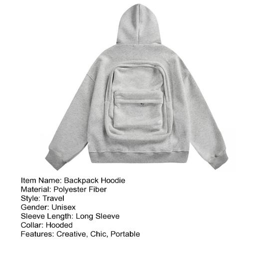 Ryggsekk-hettegenser for menn kvinner kreativ glidelåscardigan med ryggsekk lett reise hettegenser avslappet unisex hettegenser genser