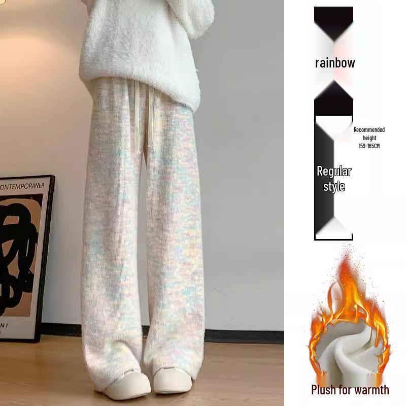 Spodnie dzianinowe z aksamitu w tęczowe paski z wysokim stanem i prostymi nogawkami dla kobiet niskiego wzrostu - 145XS Kolekcja Jesień/Zima