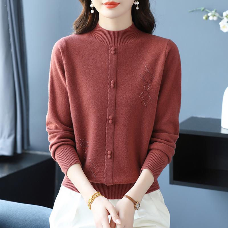 Petite Women's Autumn Winter Pure Wool Knit Sweater - Half-High Neck Base Layer for Middle-aged Moms