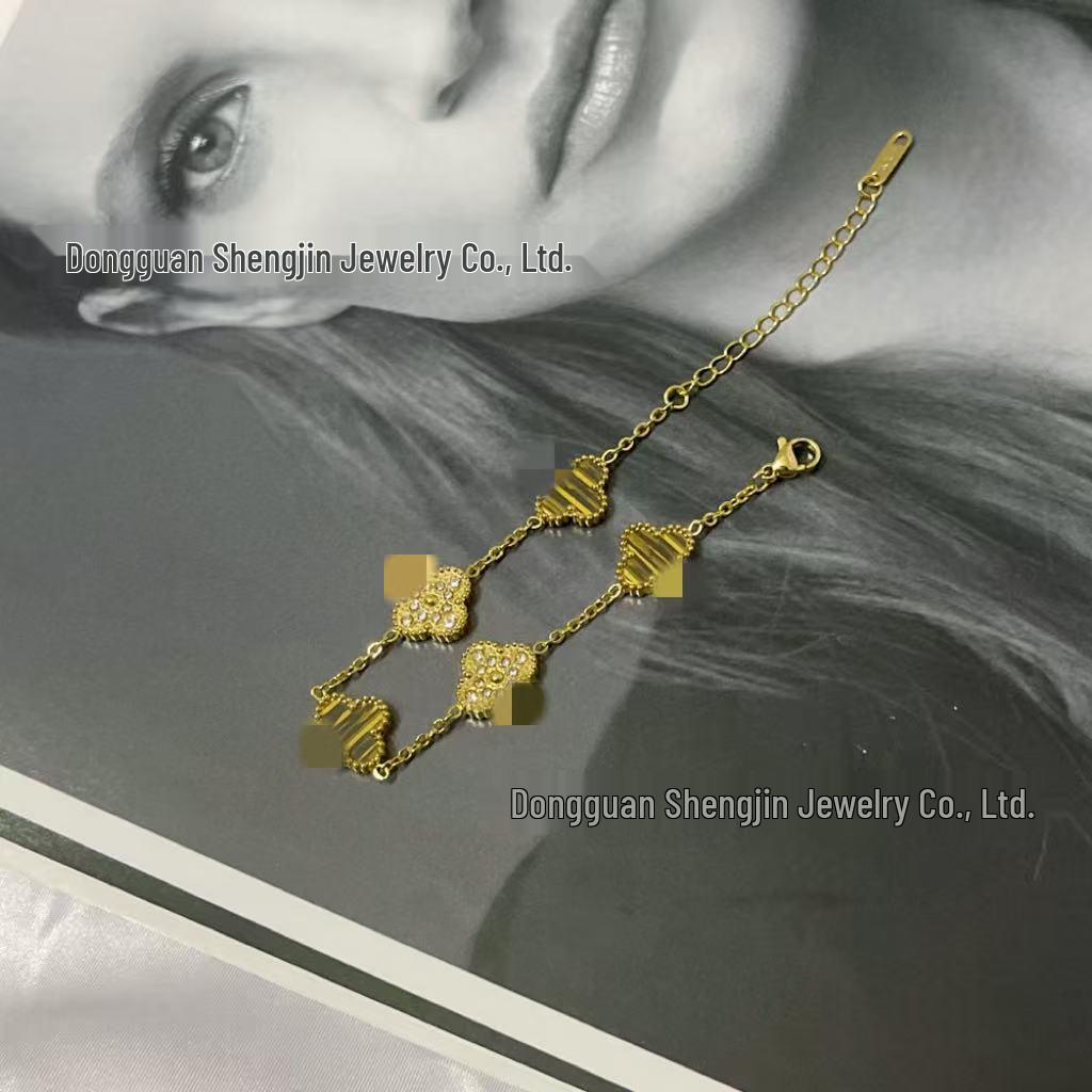 18k Gold 13mm Clover & Diamond Five-Flower Bracelet - Women's Simple, Versatile, Non-Fading Fashion Accessory