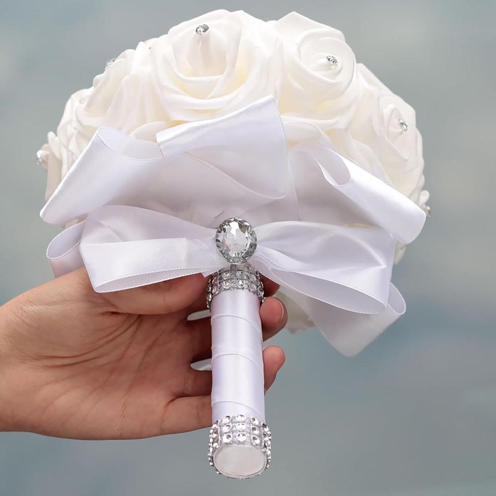 Bridal Wedding Bouquet, Wedding Bride Crystal Diamond Silk Rose Bouquet, Bridal and Bridesmaid Wedding Hand Bouquet (white, 2 Pieces)