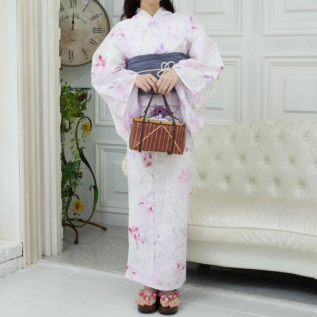 RAVIR Yukata White with Line Drawings and Floral Fluffy Obi and Geta One Size Fits All Women's 3-Piece Set, Watercolor-Style Patterns, Belt, Sandals,