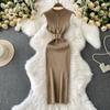 Summer Women Sleeveless Single Breasted Office Work Knitted Sweater Sheath Dresses with Belt