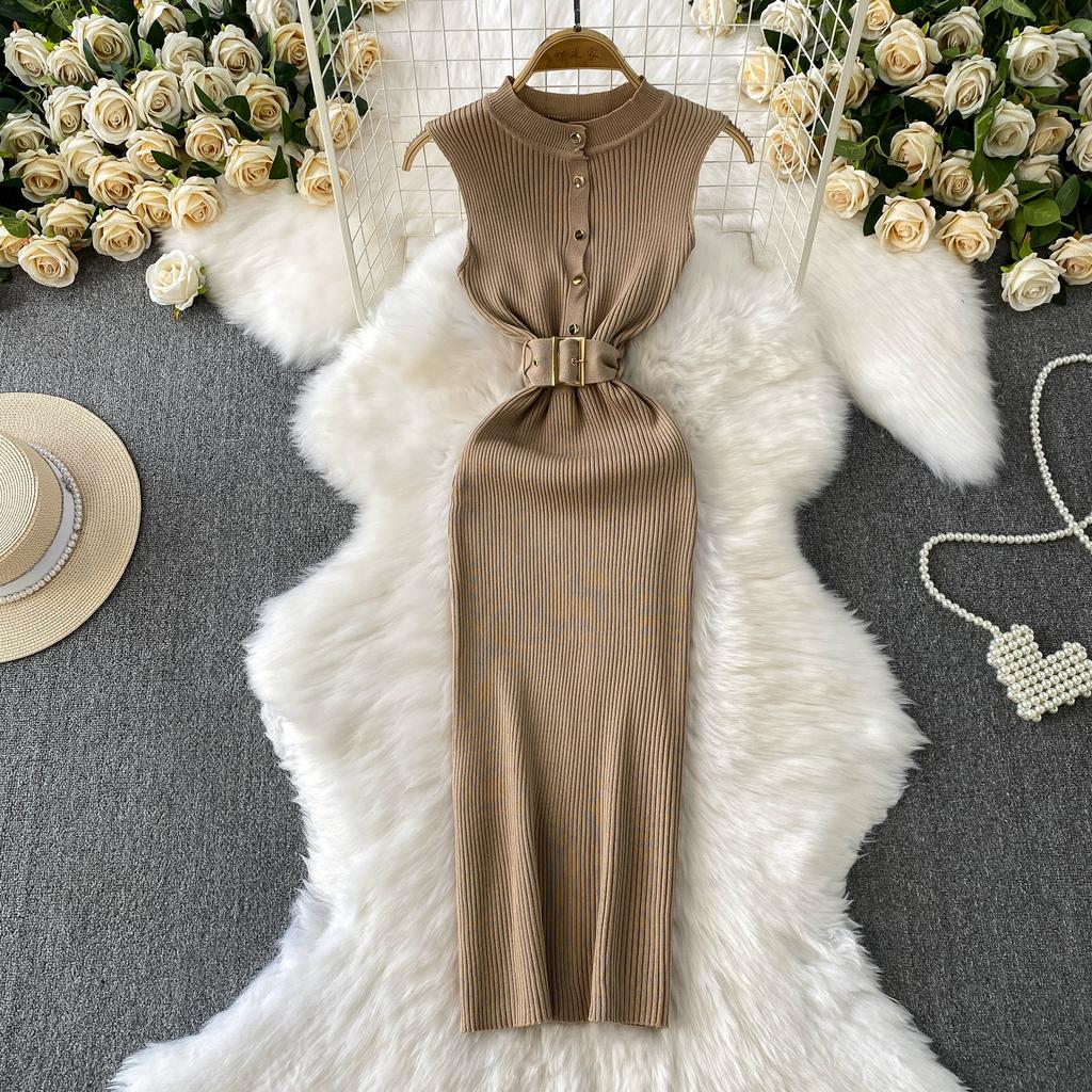 Summer Women Sleeveless Single Breasted Office Work Knitted Sweater Sheath Dresses with Belt