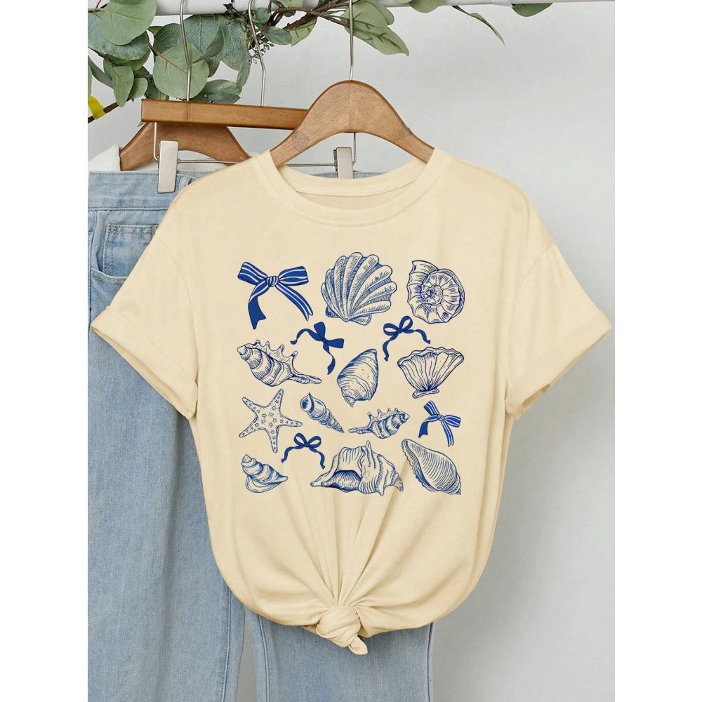 Zomer Amerikaans Retro Y2k Zeedier Schelp Strik Patroon T-shirt Dames Losse Ronde Hals Streetkleding Halflange Mouwen Top