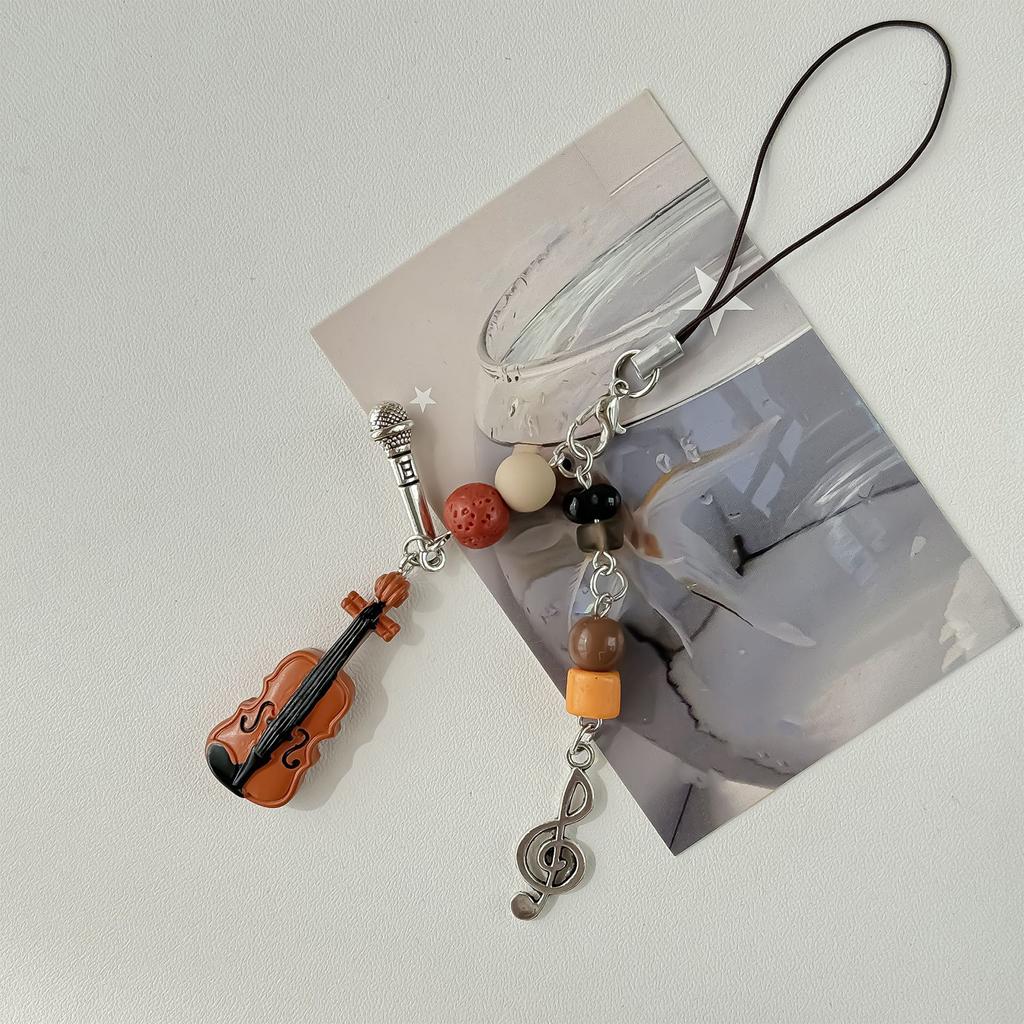 Stylish Violin Phone Charm Eye Catching Beaded Keyring Guitar Key Pendant Fashionable Alloy Key Chain for Bags Key