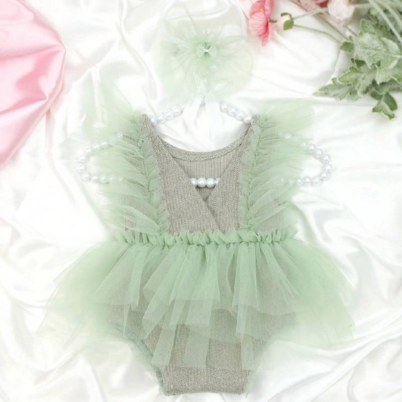1 Set Photography Outfit for Infant Girls Breathable Romper Dress and Delicate Lace Headband Props for Newborns