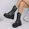 Mode Gothic Spinnennetz Stickerei Super High Heel Stiefel Damen 2025 Herbst Punk Dicke Sohle Mid Calf Stiefeletten Seitlicher Reißverschluss Schwarze Stiefel
