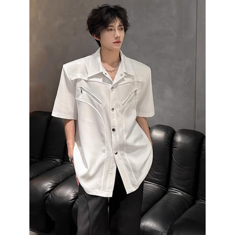Herren Reißverschlusstasche Oversized Kurzarm Button-Down Hemd Lässiges Streetwear Top