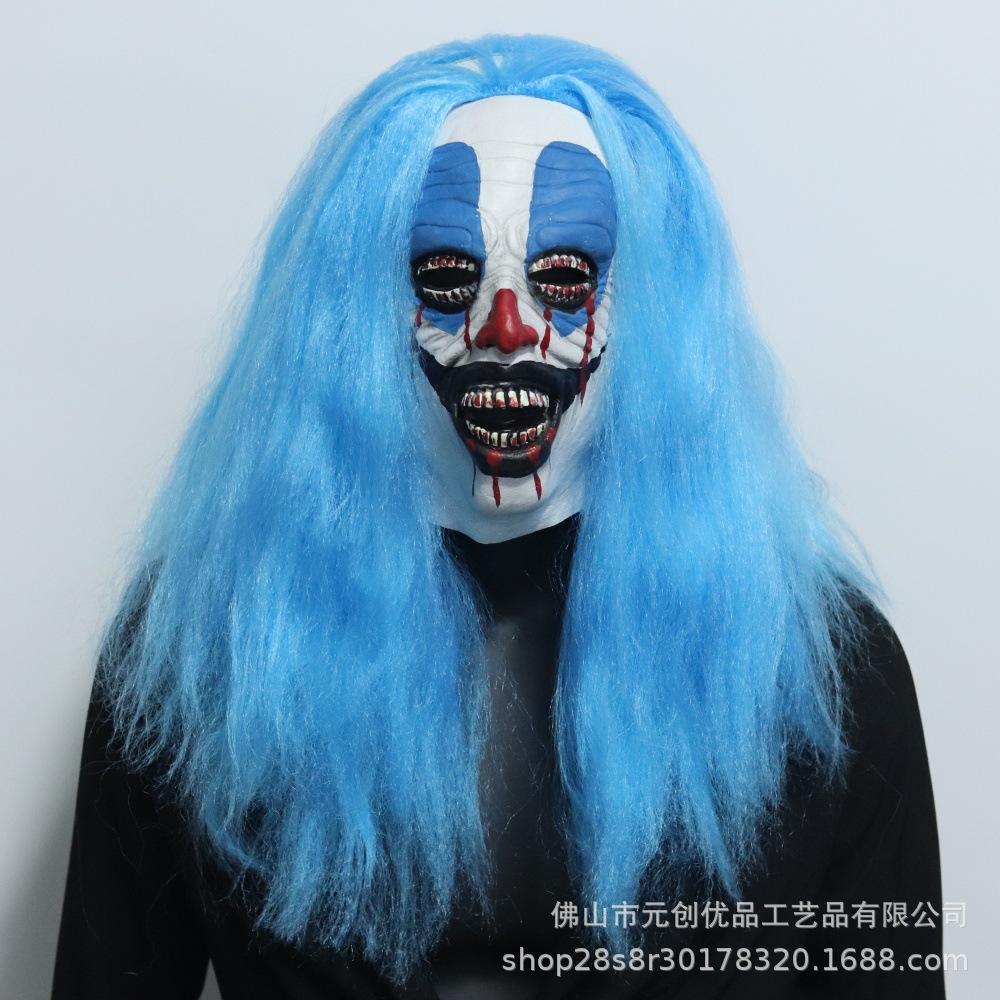Halloween Horror Clown Mask with Blue Wig Full Face Latex Headgear Party Ball Funny Prop New Model Bleeding blue-haired clow