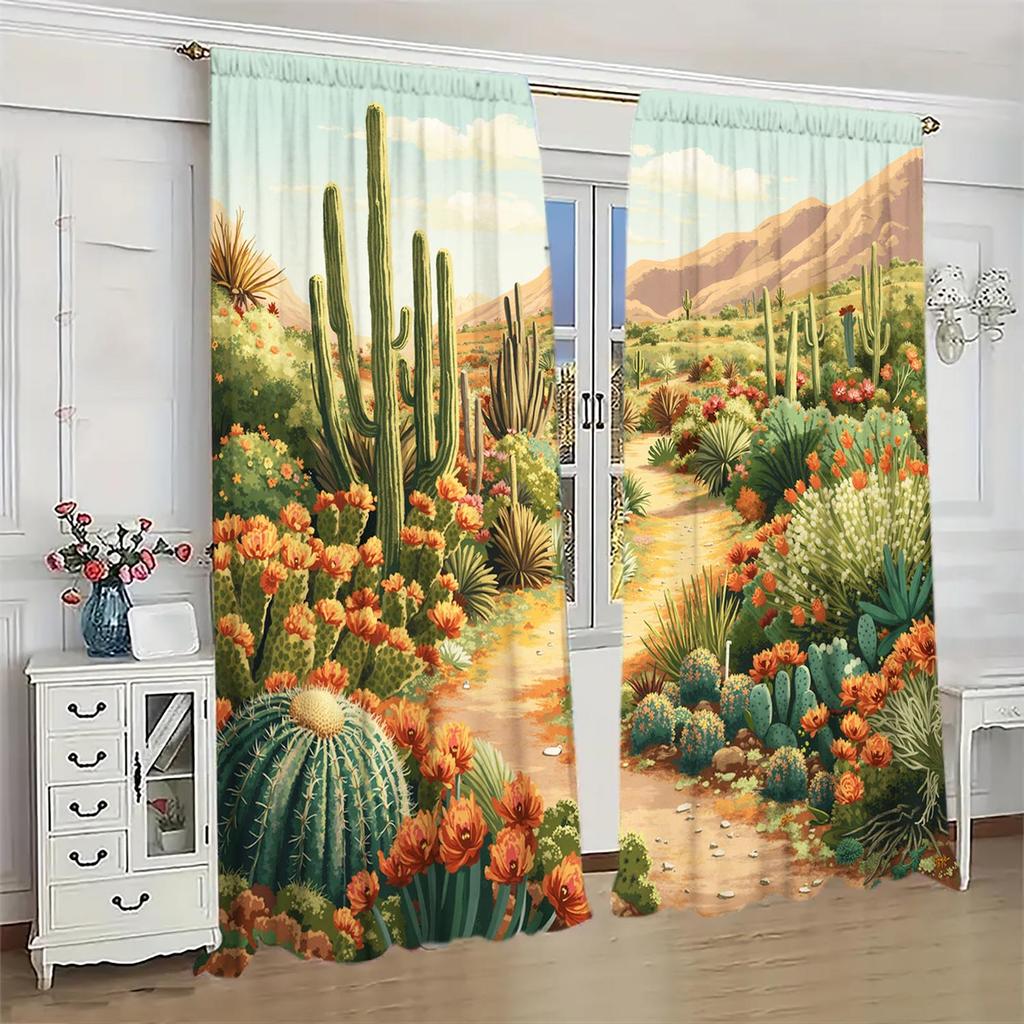 2pcs Desert Cactus Printed Curtain for Home Decor - Shade and Privacy Protection Suitable for Decorating Various Rooms
