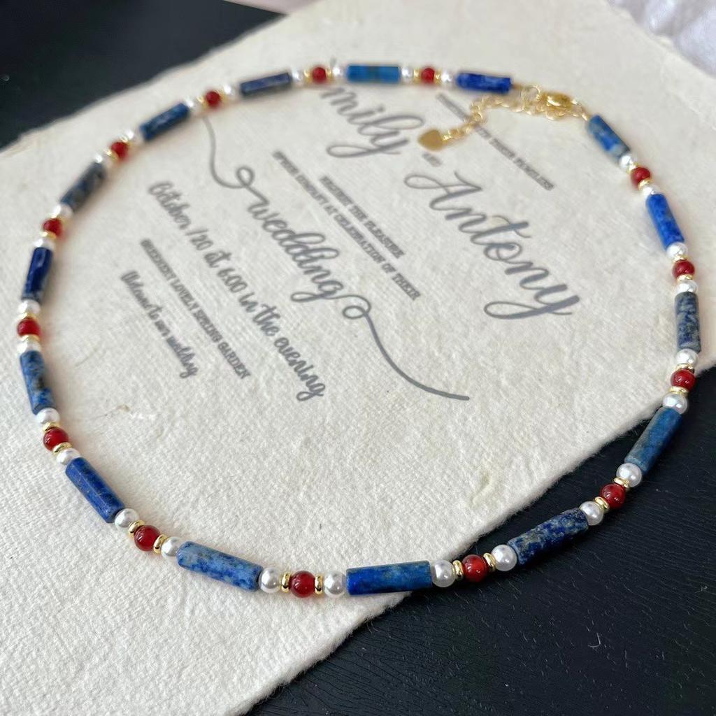 Niche High-end Versatile Lapis Lazuli Contrast Retro Baby's Breath Collarbone Chain Necklace Female Atmosphere Beaded Necklace