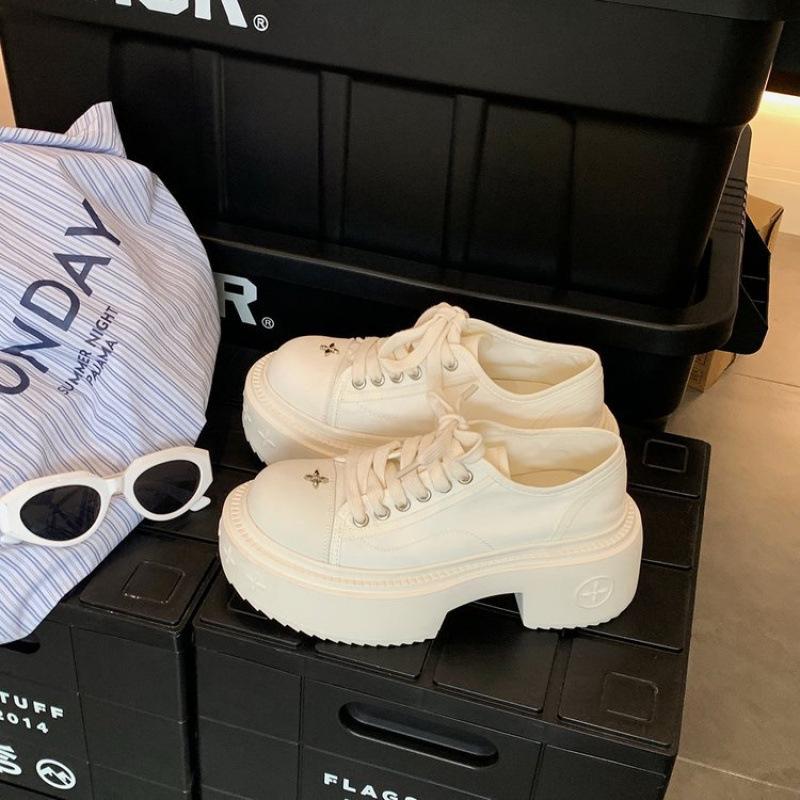 Platform Canvas Shoes Women's Spring and Autumn Height Increase Muffin Single Shoes Sports Little White Shoes Women's Shoes White Black and White