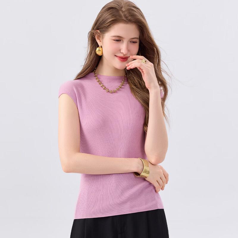 Snowforte Women s Knitted Mock Neck Cap Sleeve Top L