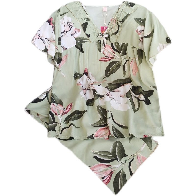 Women's Pajamas Summer Thin Cotton Short-Sleeved Cropped Pants Summer Thin Pullover Women's Home Clothes Two-piece Set