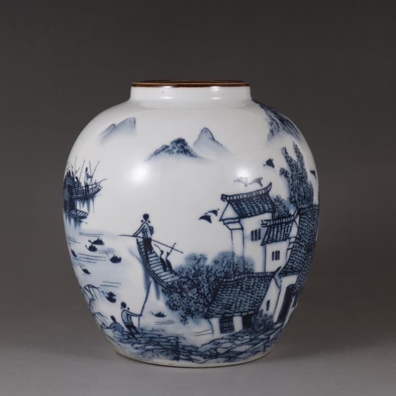 Chinese Qing Dynasty Blue And White Old Antique Porcelain Jiangnan Water Town Pattern Ceramic Vase Home Cabinet Furnishing Craft