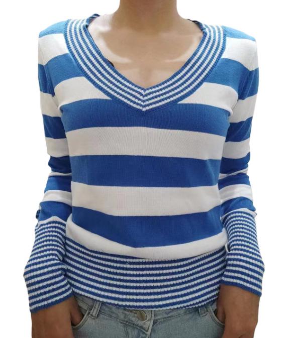 Women's Striped Sweetheart Neck Bodycon Sweater with Flare Sleeves - 2022
