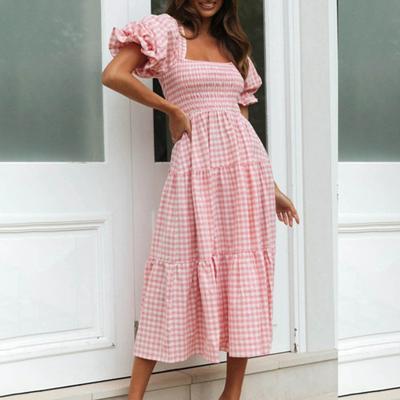 Women Dress Plaid Print Puffy Sleeve Square Collar High Waist Summer Swing Dress