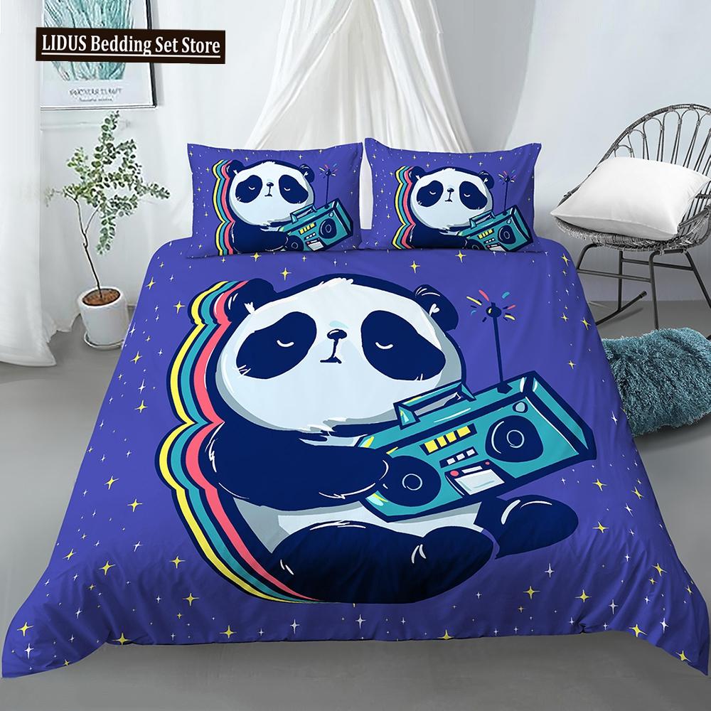 Panda Polyester Duvet Cover Set White Black Cartoon Animals Heart Flowers Printed King Queen Twin Size For Kids Boys Girl Teen