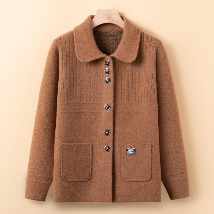 Svetr pro seniory pletený kardigan na jaro a podzim pro matky klopový volný top středního věku a pro starší svetr kabát nový kardigan