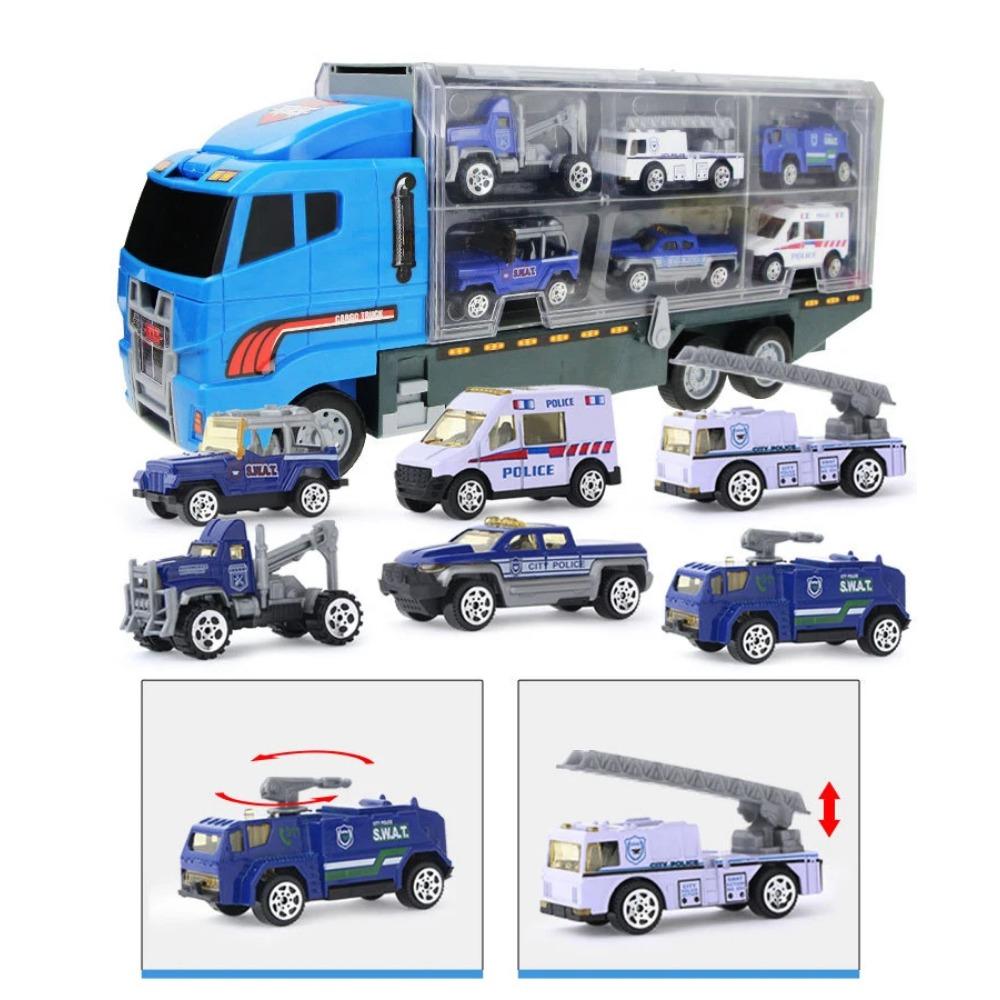 1/64 Scale Big Trucks Set Mini Alloy Diecast Car Model Toys Vehicles Carrier Truck Helicopter Tank Fire Truck Engineering Car Toys for Kids