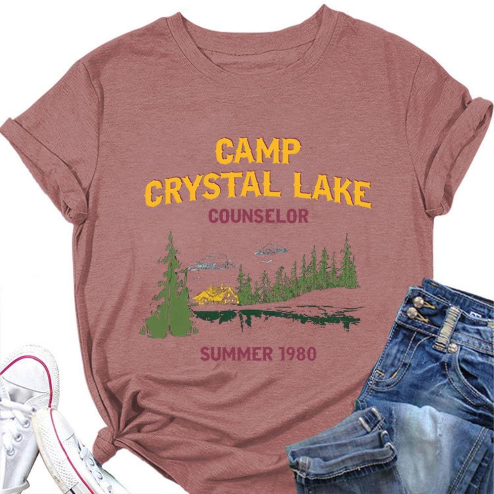 Summer New Women's Short Sleeved T-shirt Camp Crystal Lake Print Loose Round Neck Casual Top Paired with All Fashionable Clothing