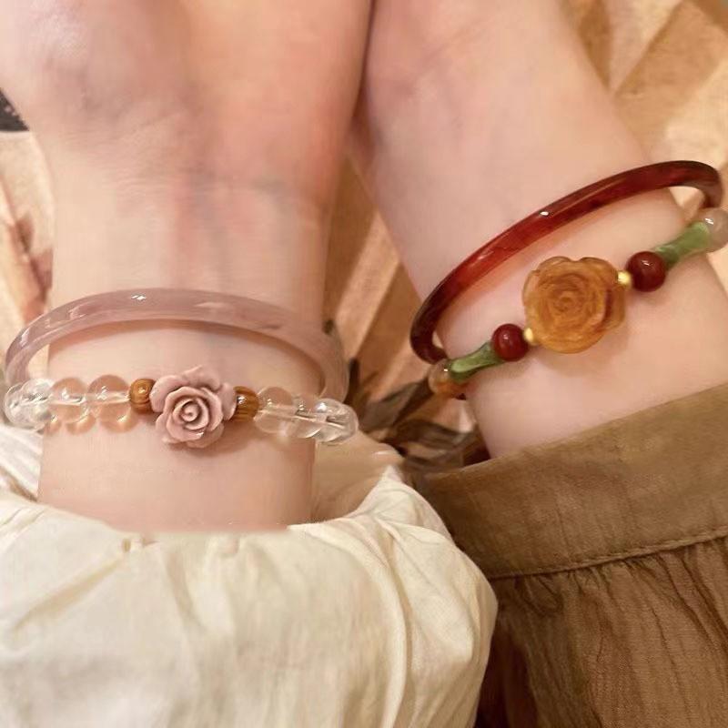 Chinese Elegant New Style Rose Flower Glass Beaded Bracelet For Women Handcrafted Vintage Jewelry Luxury