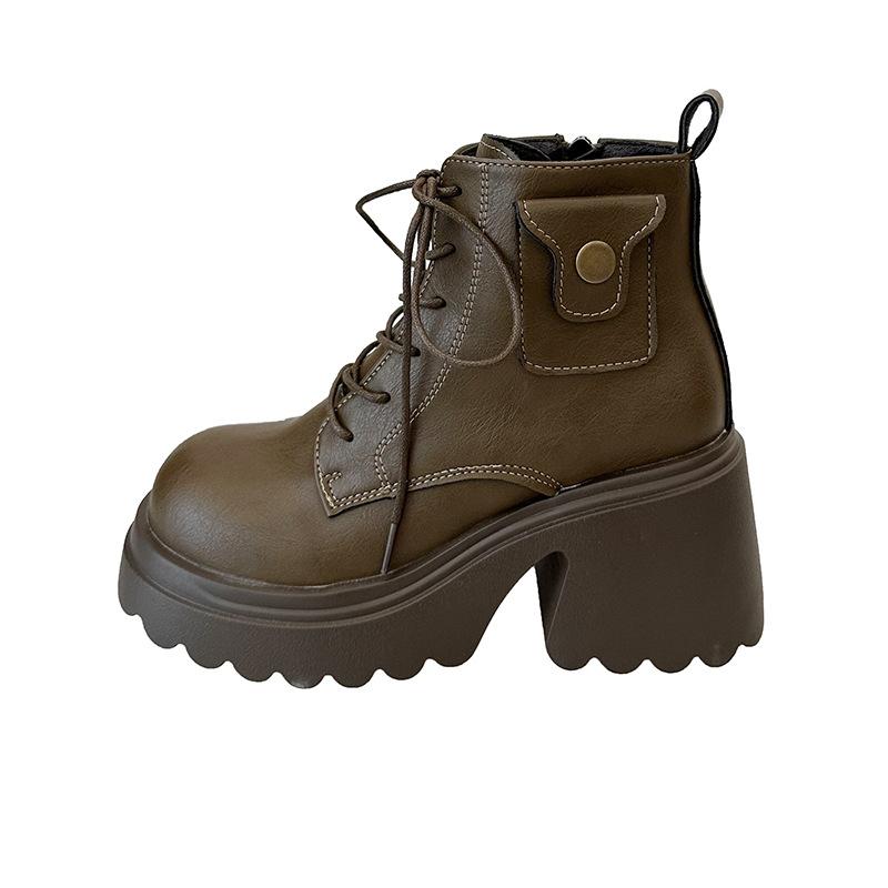 Stora brittiska högklackade korta stövlar dam höst nya retro muffin små tjockbottnade tunna Martin-stövlar