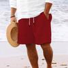 Men's Striped Cotton Linen Beach Shorts with Multi-Pocket and Drawstring