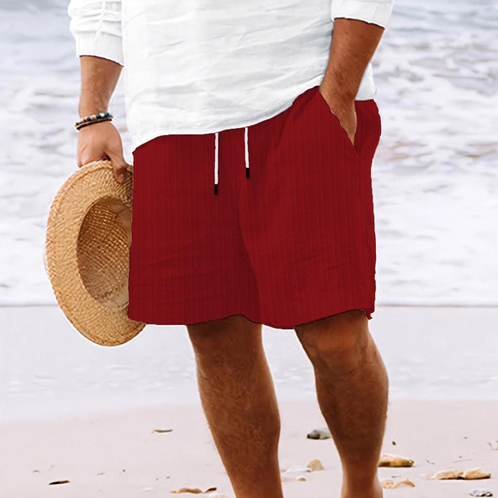 Men's Striped Cotton Linen Beach Shorts with Multi-Pocket and Drawstring