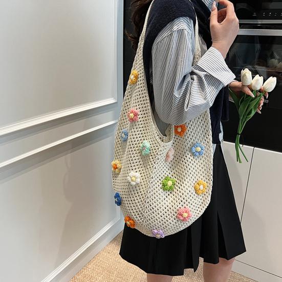 Sac à Bandoulière Bohème au Crochet Sac de Plage Tricoté avec des Fleurs Colorées Sac Cabas Léger Tissé pour Femmes Filles Vacances d'Été Voyage Pique-nique Shopping