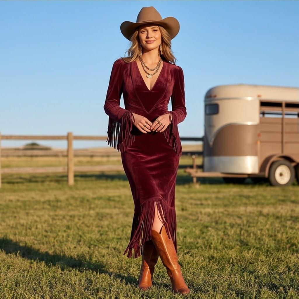 Damen Western Langarm Enganliegendes Kleid