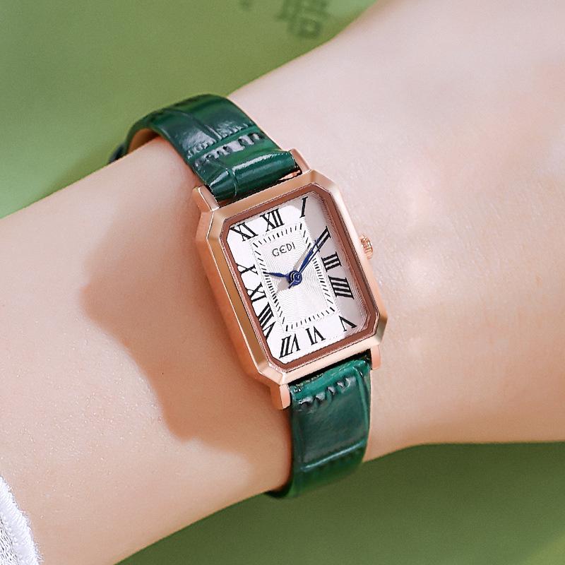 Gedi Retro Small Square Dial Ladies Waterproof Leather Strap Quartz Watch