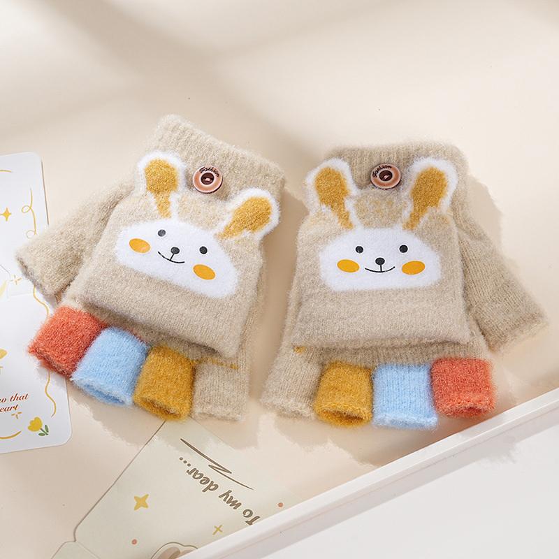 Winter Warm Kids Flip Cover Five Finger Goves Cartoon Bunny Children Knit Mitten Primary School Students Mountaineering Gloves