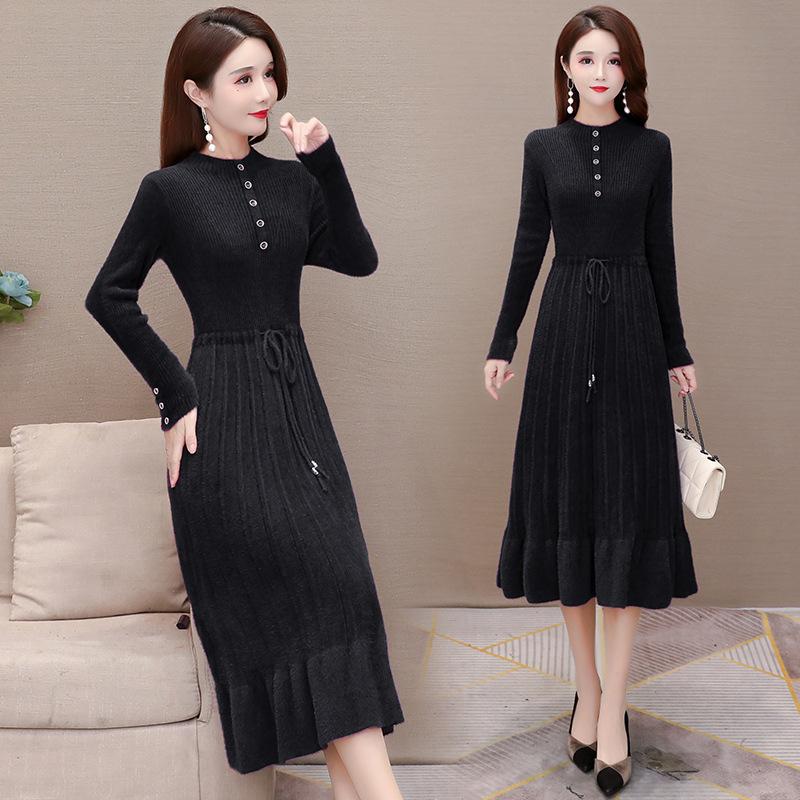 Women's Mink-proof Knitted Dress Loose Solid Color Mid-length Sweater Dress Knee-length Fishtail Dress for Autumn and Winter