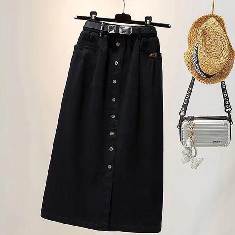 Washed Cotton Large Size Skirt Female Slit High Waist Slimming Medium Long Straight Skirt