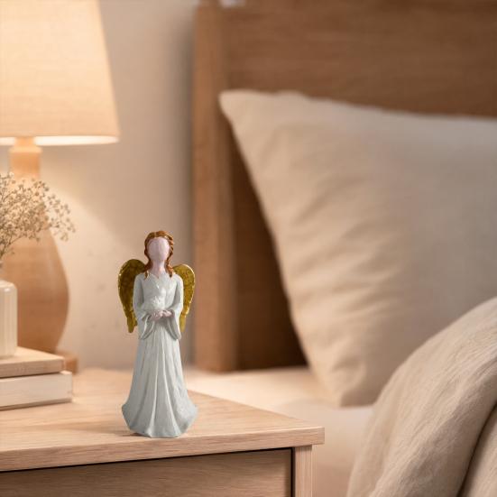 yangyizhi Angel Figurine, Resin Gold Wing Statue, White Skirt Faceless Holding Pigeon, Hand-Painted Home Decor