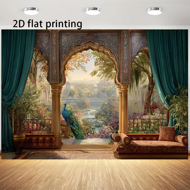

2D Indian Palace Photography Backdrop, Mughal Style Arch with Peacock & Garden View Background Cloth 47.2x31.5inch/120*80cm